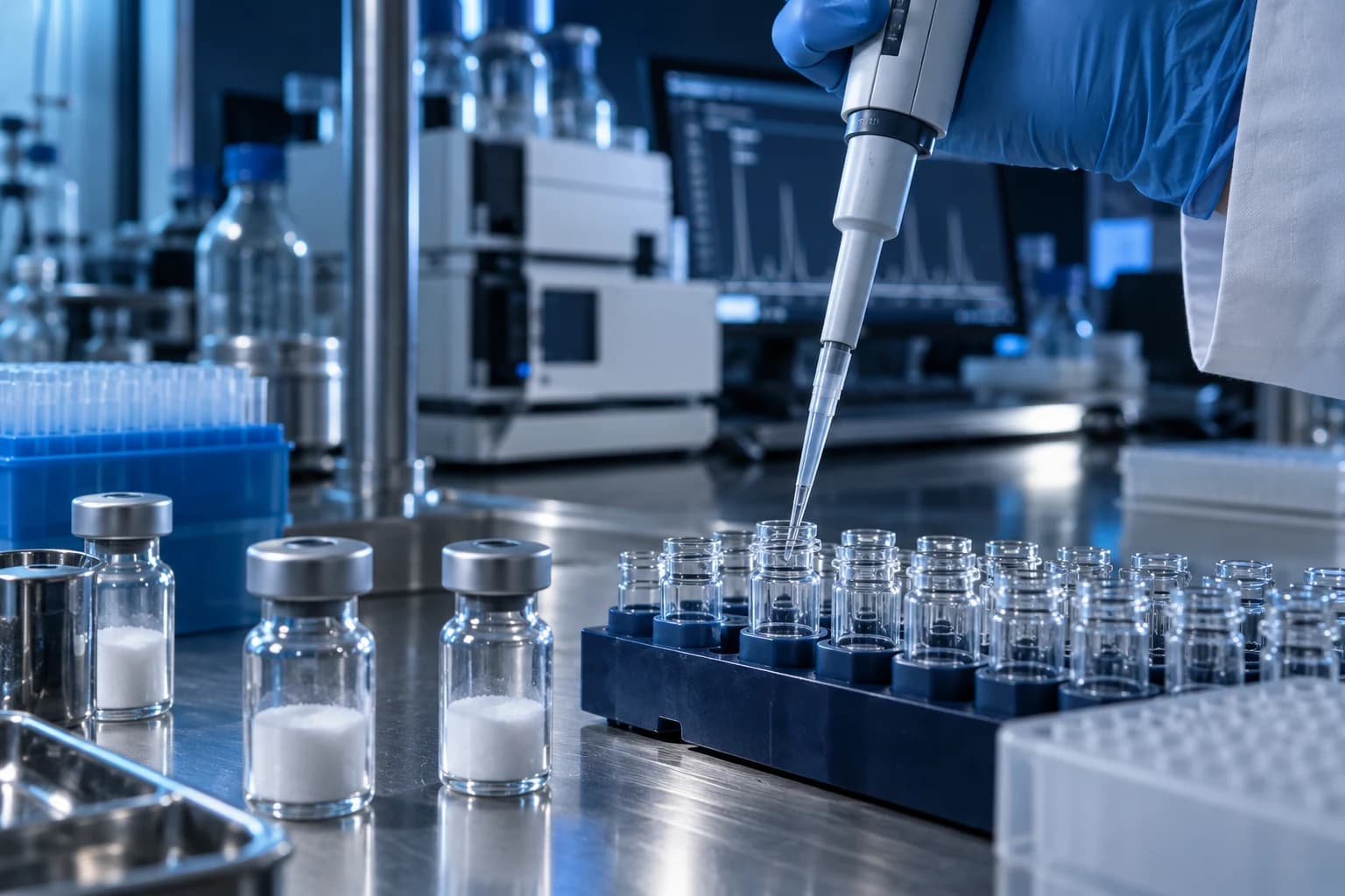 Illustrative laboratory sample preparation with a micropipette and research vials