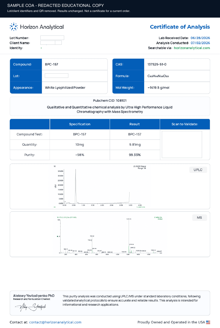 Preview of a redacted educational Certificate of Analysis for BPC-157 10 mg; not a certificate for a current order